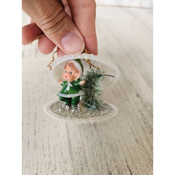 Antique elf clam shell ornament diorama pixie tree sparkle Xmas vintage tree - Picture 1 of 10
